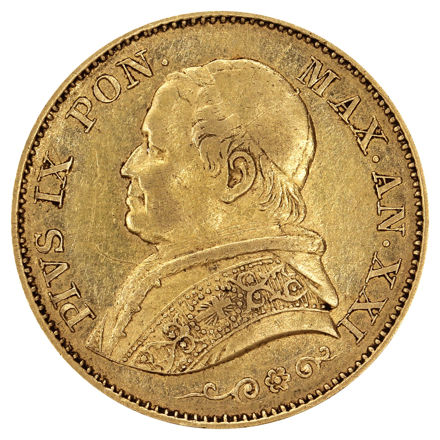 Italian States 1866XX IR Papal States Gold 20 Lire EF-AU (EF45)
