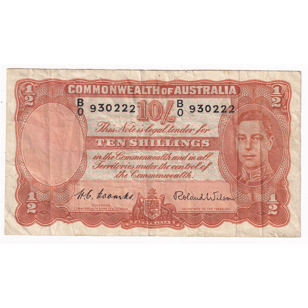 Australia Note Pick #25d 1952 10 Shillings, VF (holes)