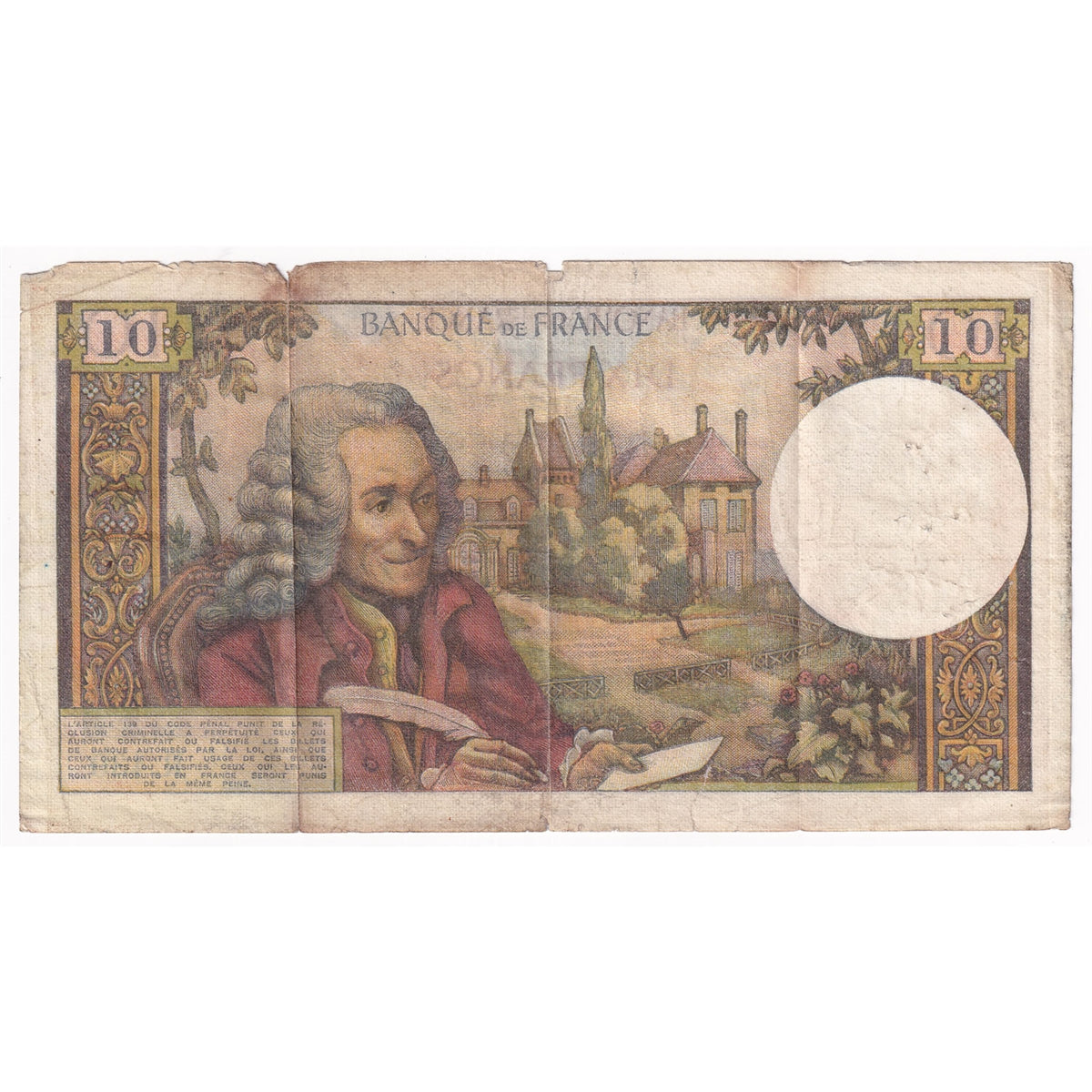 France 1968 10 Francs Note, Pick #147c ,VF-EF (damaged)