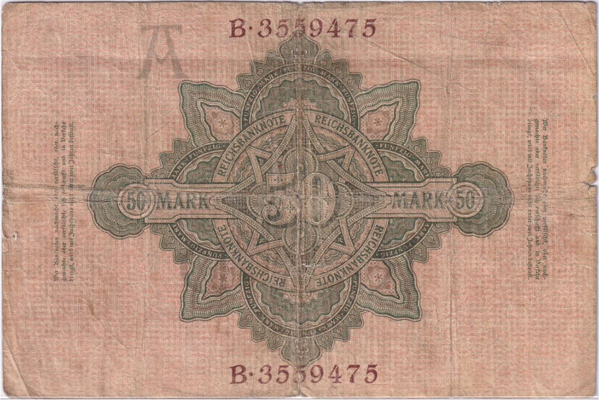 Germany 1910 50 Mark Note, Pick #41, VG (damaged)