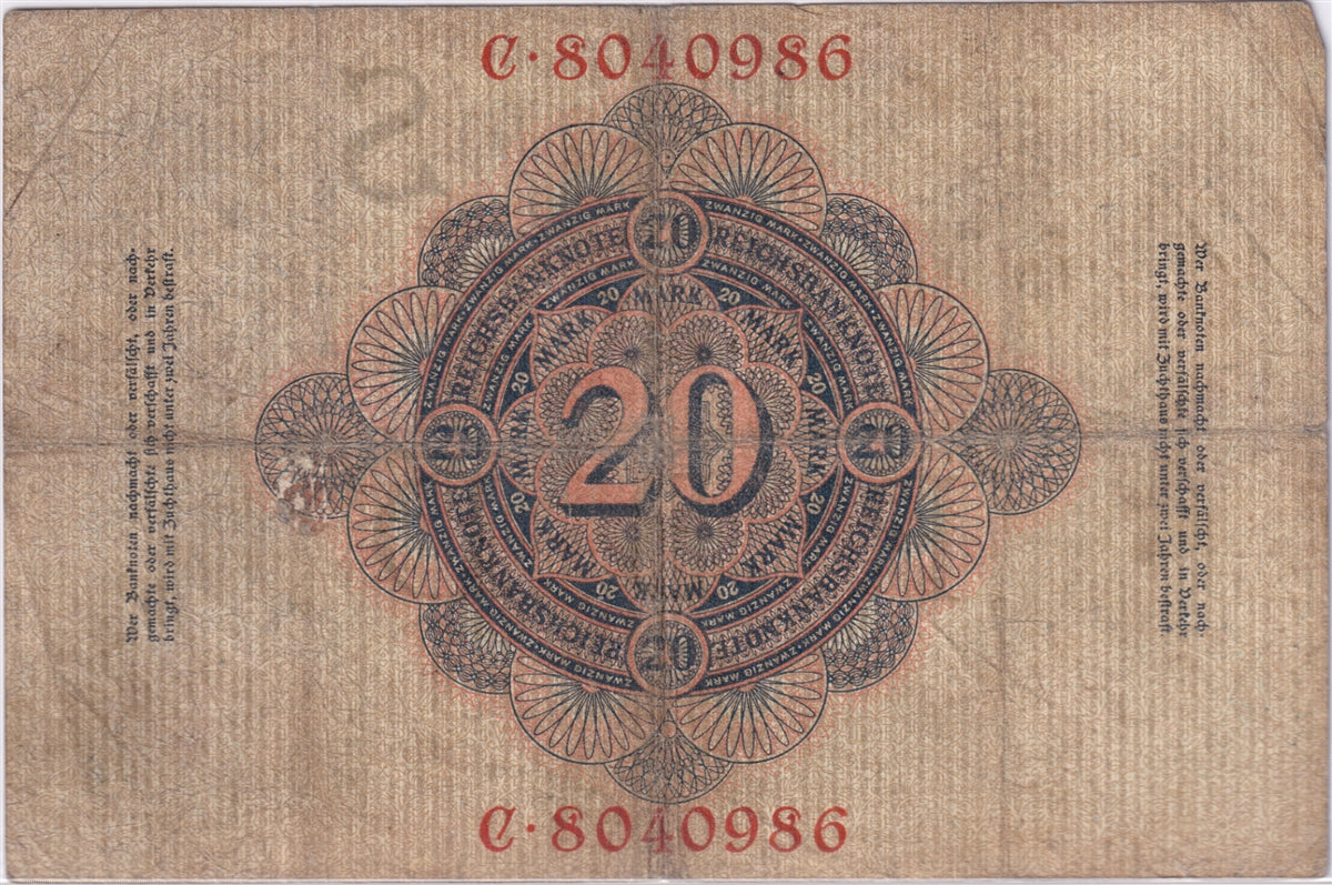Germany 1909 20 Mark Note, Pick #37, VG-F (tear)
