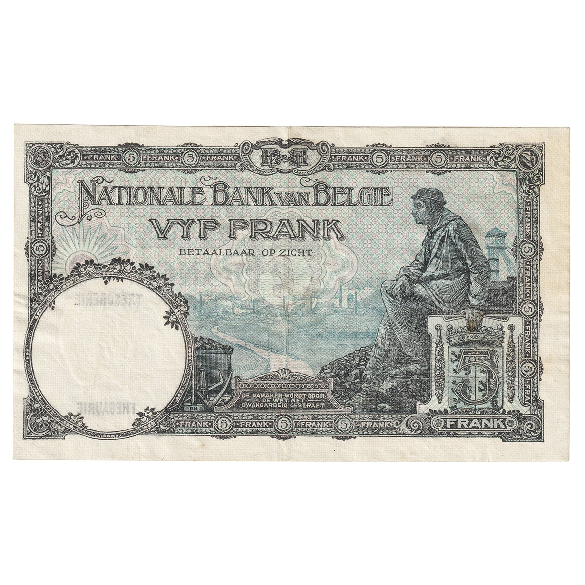 Belgium 1937 5 Franc Note, Pick #108a, EF
