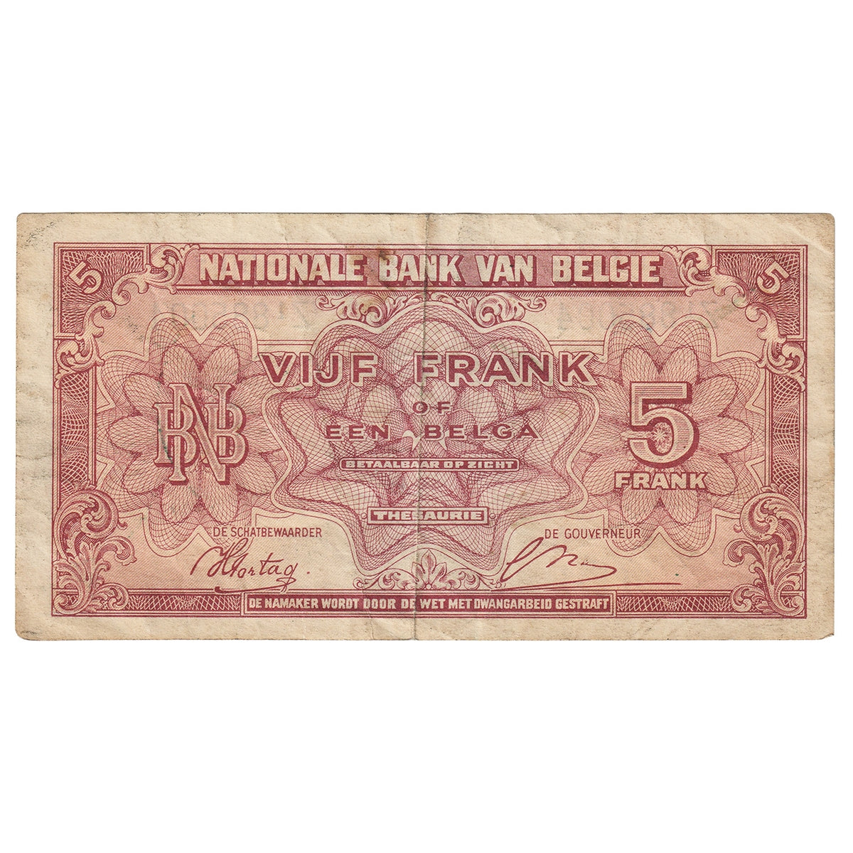 Belgium 1943 5 Franc-1 Belga Note, Pick #121a, EF
