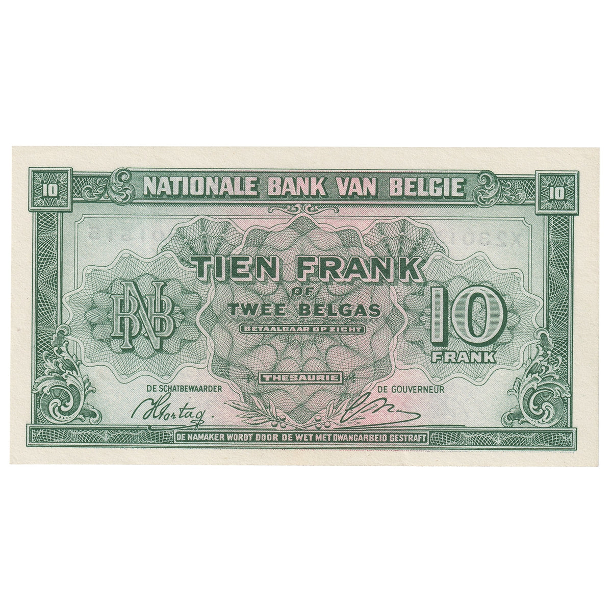 Belgium 1943 10 Franc-2 Belga Note, Pick #122, AU-UNC