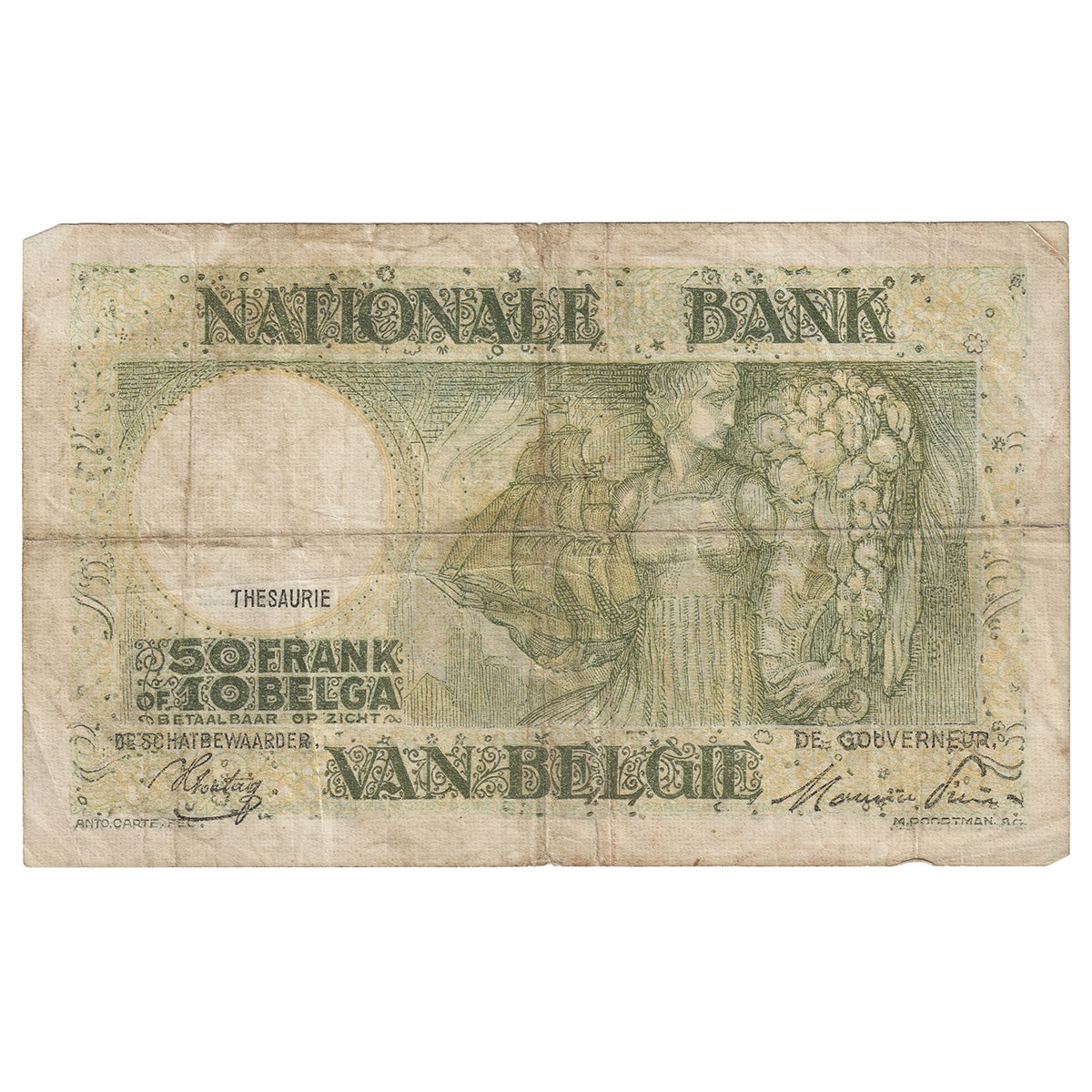 Belgium 1944 50 Franc-10 Belga Note, VF
