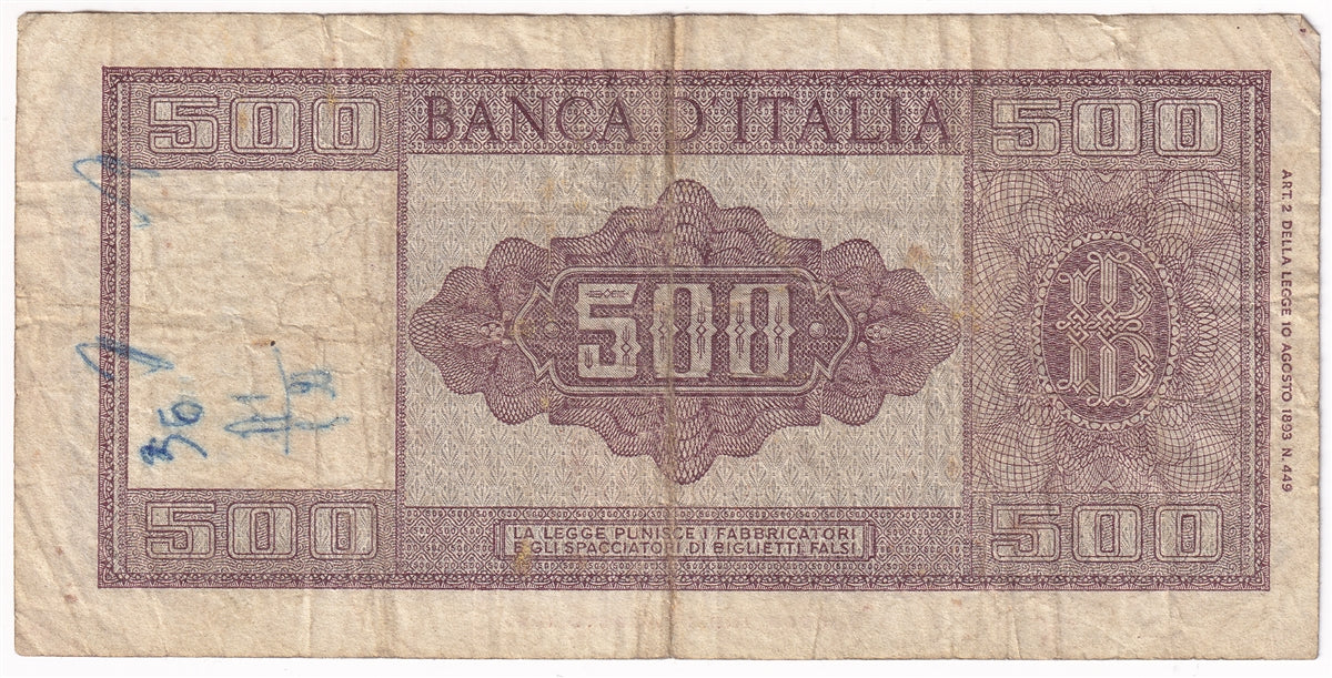 Italy 1961 500 Lire Note, Pick #80b, F (writing)