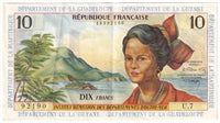 French Antilles 1964 10 Francs Note, Pick #8b, EF