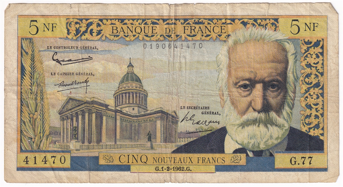France 1962 5 Nouveaux Franc Note, Pick #141a, Circ.
