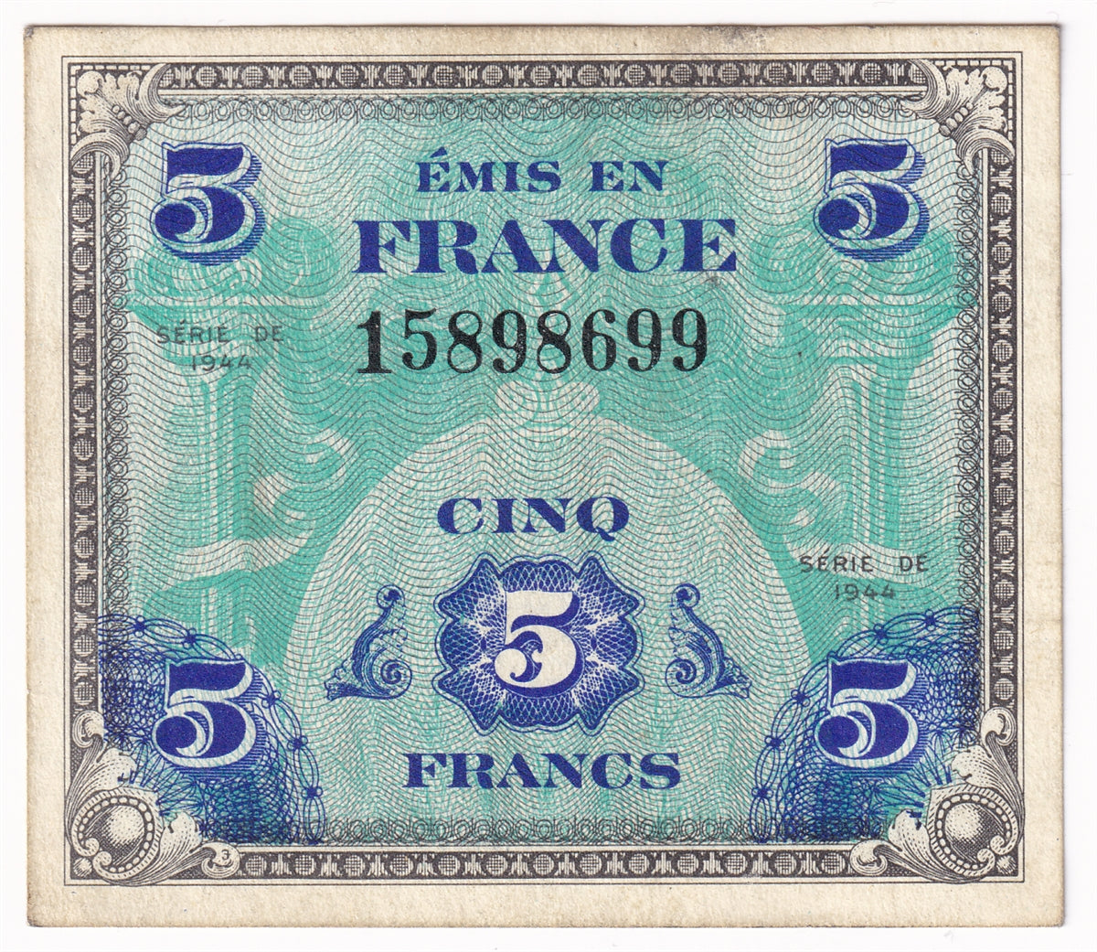 France 1944 5 Francs Note, Pick #115a, AU-UNC