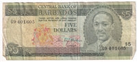 Barbados 1973 5 Dollar Note, Pick #32a, Circ.