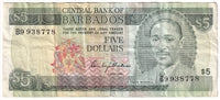 Barbados 1973 5 Dollar Note, Pick #32a, F-VF