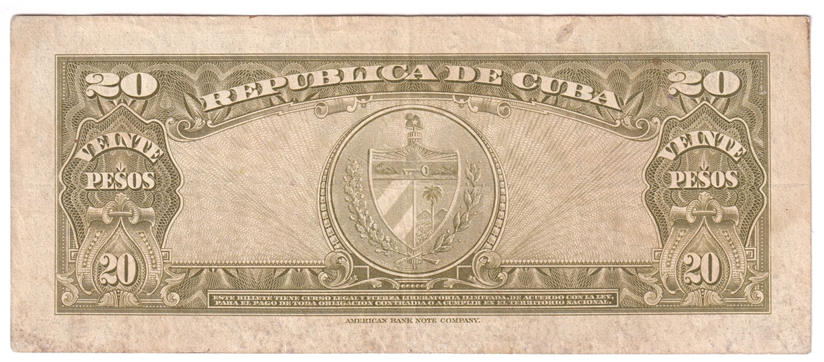 Cuba Note 1958 20 Pesos, VF