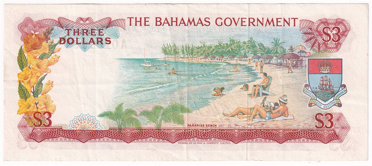 Bahamas 1965 3 Dollar Note, Pick #19a 2 Signatures, VF-EF