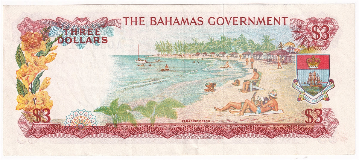 Bahamas 1965 3 Dollar Note, Pick #19a 2 Signatures, EF
