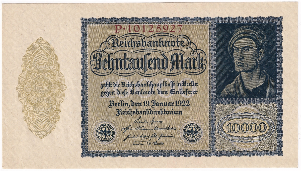 Germany 1922 10,000 Mark Note, Pick #72, AU-UNC