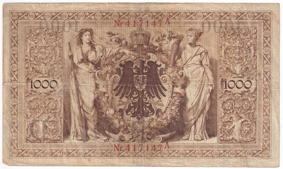 Germany 1910 1,000 Mark Note, Pick #44a, 6 Digit, F