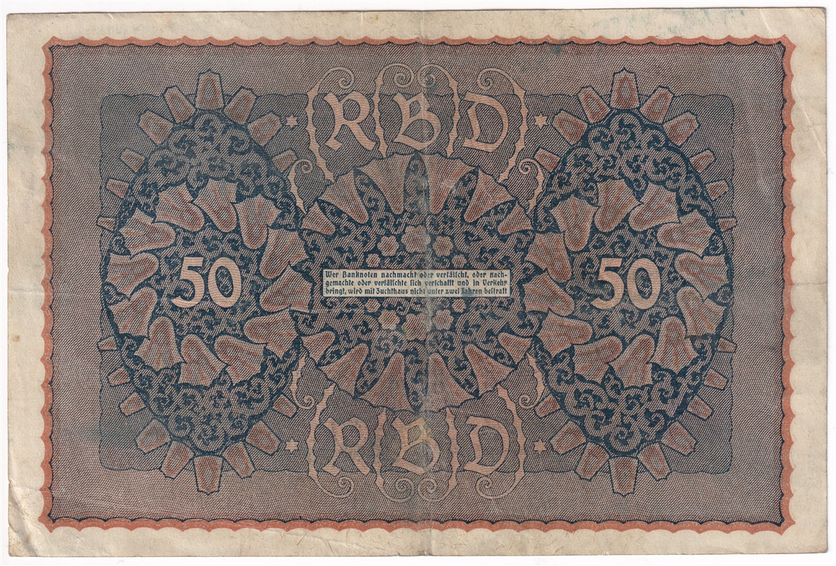 Germany 1919 50 Mark Note, Pick #66, VF