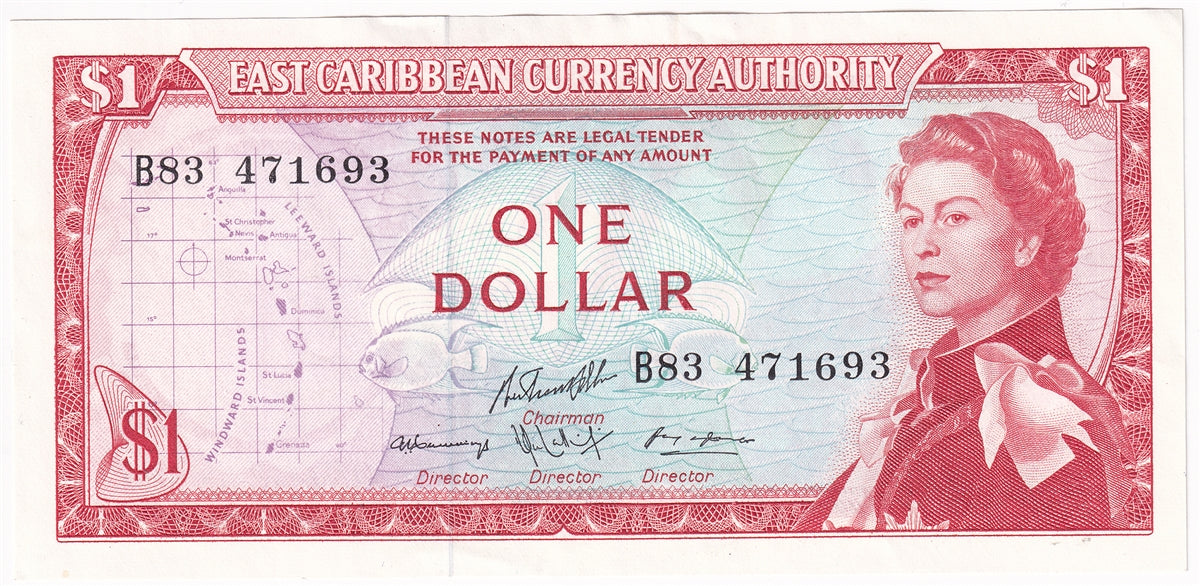East Caribbean States 1965 1 Dollar Note, Pick #13g, Signature 10, AU-UNC