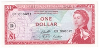 East Caribbean States 1965 1 Dollar Note, Pick #13i D Overprint, AU-UNC
