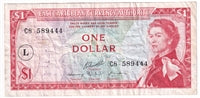 East Caribbean States 1965 1 Dollar Note, Pick #13l L Overprint, VF