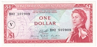 East Caribbean States 1965 1 Dollar Note, Pick #13o V Overprint, AU