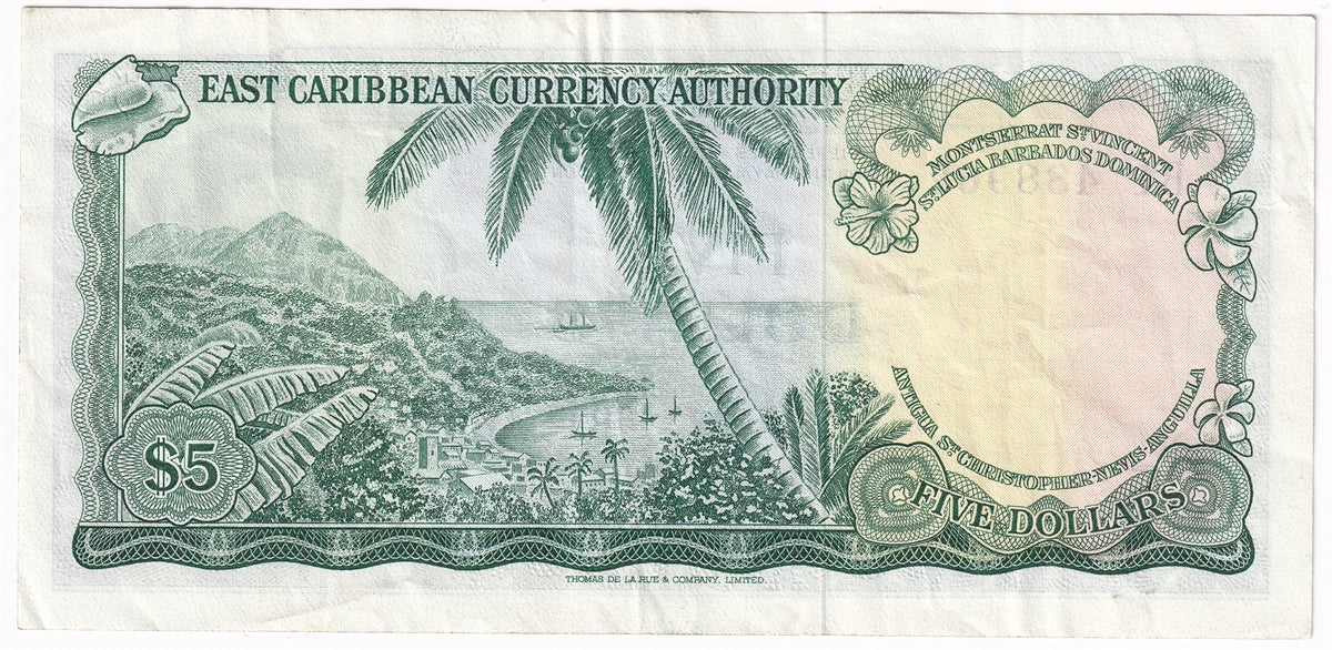 East Caribbean States 1965 5 Dollar Note, Pick #14b, Signature 2, VF-EF