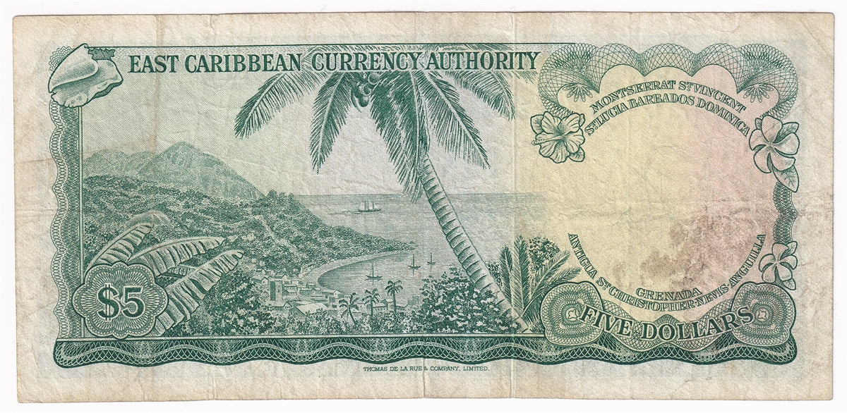 East Caribbean States 1965 5 Dollar Note, Pick #14e, Signature 5, F