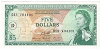 East Caribbean States 1965 5 Dollar Note, Pick #14j, D Overprint, AU-UNC