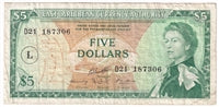 East Caribbean States 1965 5 Dollar Note, Pick #14m, L Overprint, VF