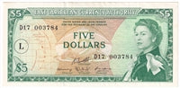 East Caribbean States 1965 5 Dollar Note, Pick #14m, L Overprint, AU