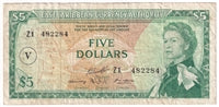 East Caribbean States 1965 5 Dollar Note, Pick #14p, V Overprint, Replace, VF