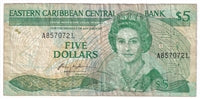 East Caribbean States 1986-88 5 Dollar Note, Pick #18l Suffix L, F