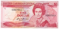 East Caribbean States 1988-89 1 Dollar Note, Pick #21a, Suffix A, AU