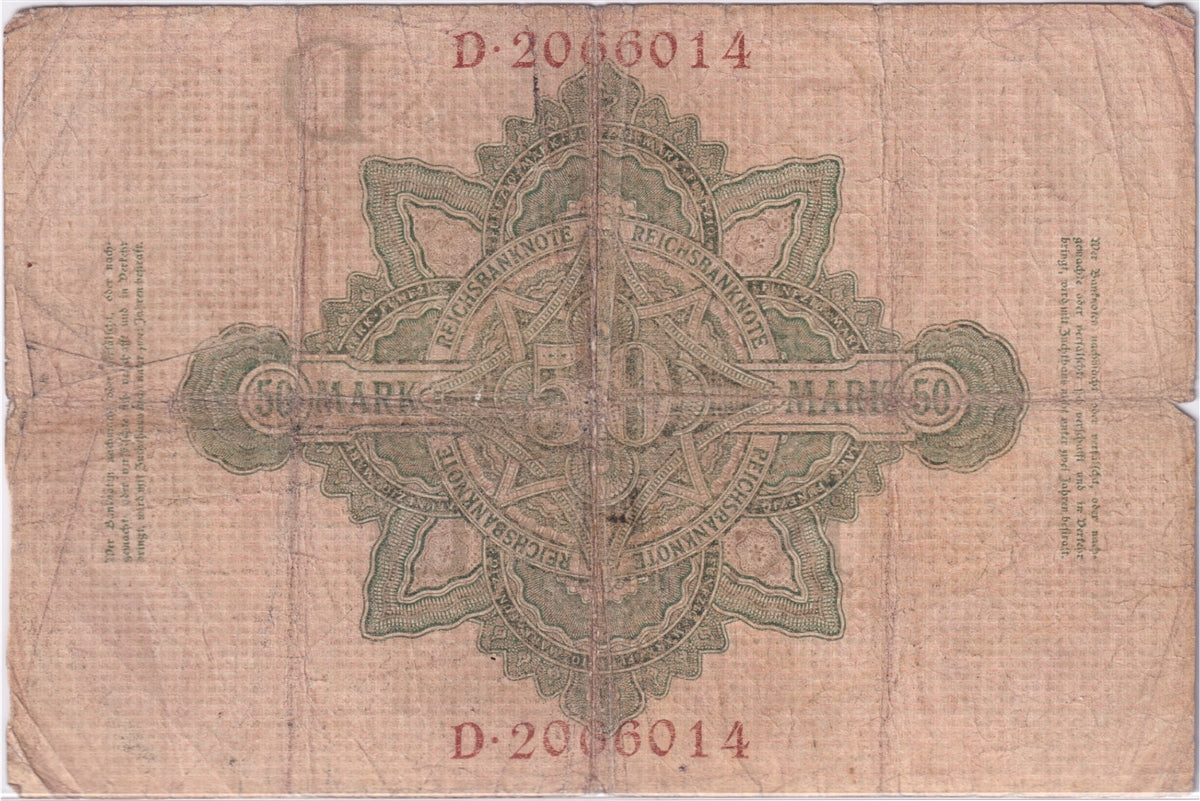 Germany 1908 50 Mark Note, Pick #32, VG (damaged)