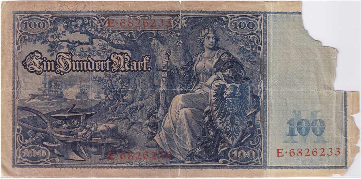 Germany 1910 100 Mark Note, Pick #42, VF (damaged)
