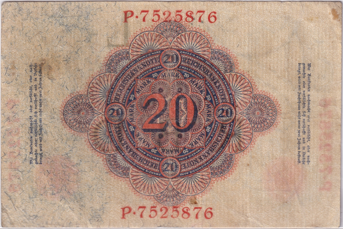 Germany 1914 20 Mark Note, Pick #46b, F-VF (hole)