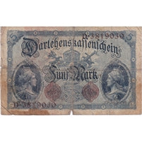 Germany 1914 5 Mark Note, 7 Digit, VG (damaged)