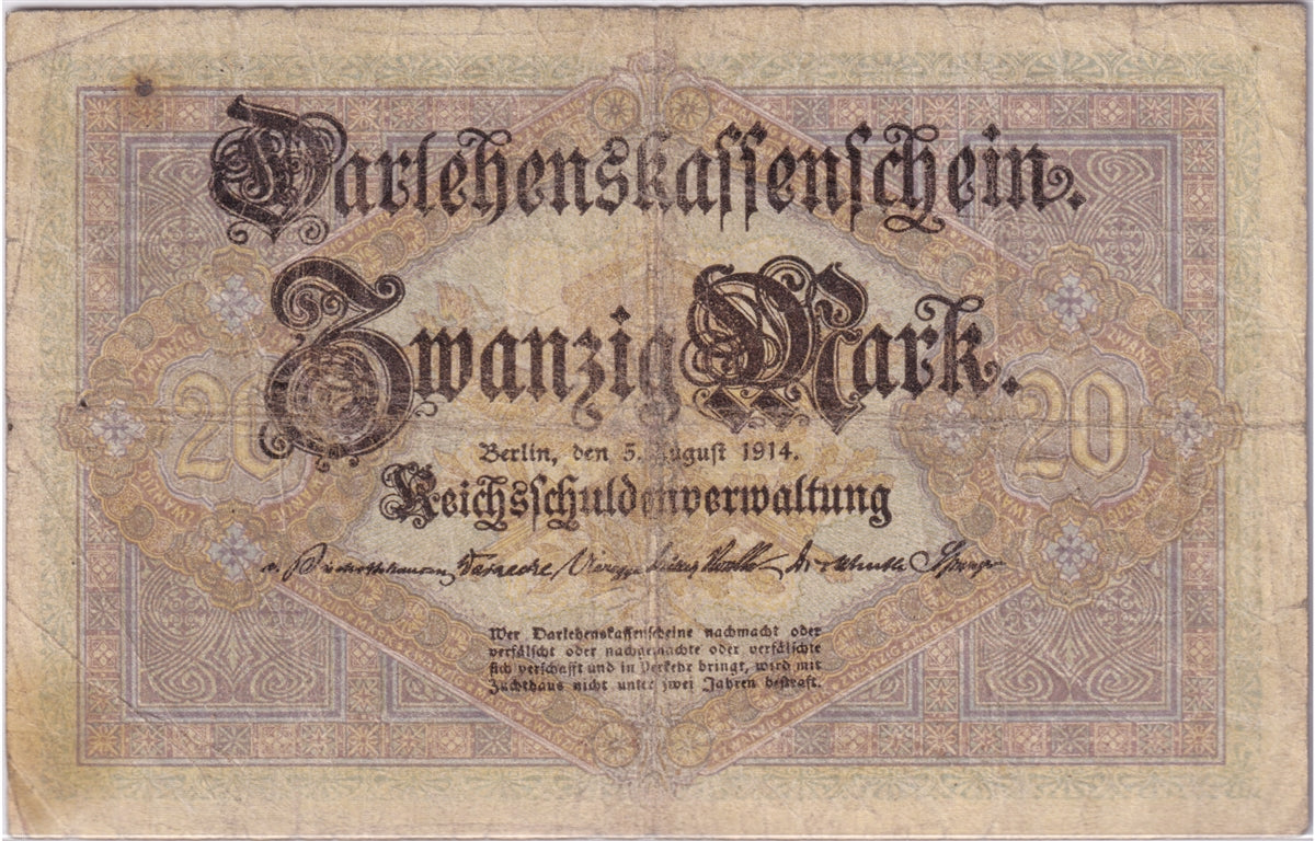 Germany 1914 20 Mark Note, Pick #48b, VG (holes)