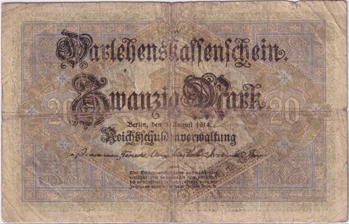 Germany 1914 20 Mark Note, Pick #48a, VG-F (Damaged)