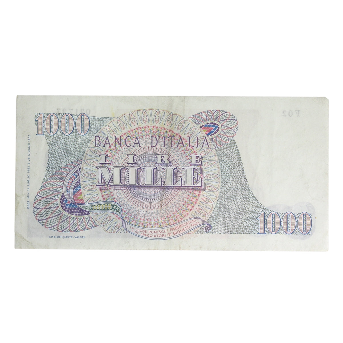 Italy 1962 1,000 Lire Note, Pick #95a, VF-EF