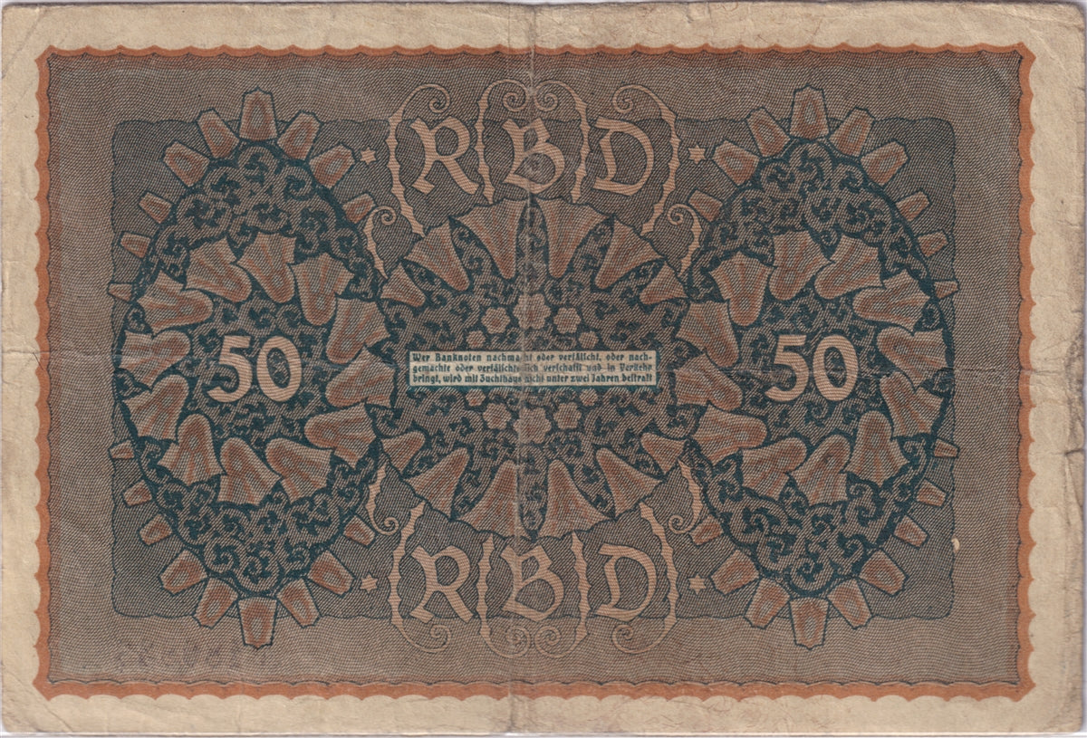 Germany 1919 50 Mark Note, Pick #66, F (Tears)