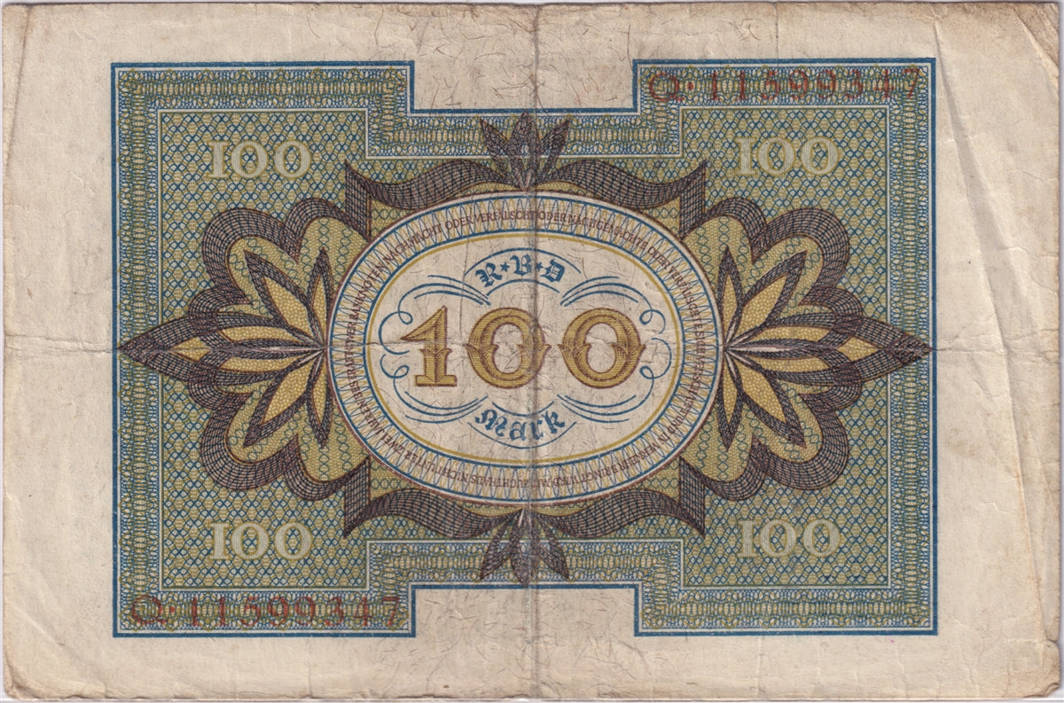 Germany 1920 100 Mark Note, Pick #69a, F (tears)