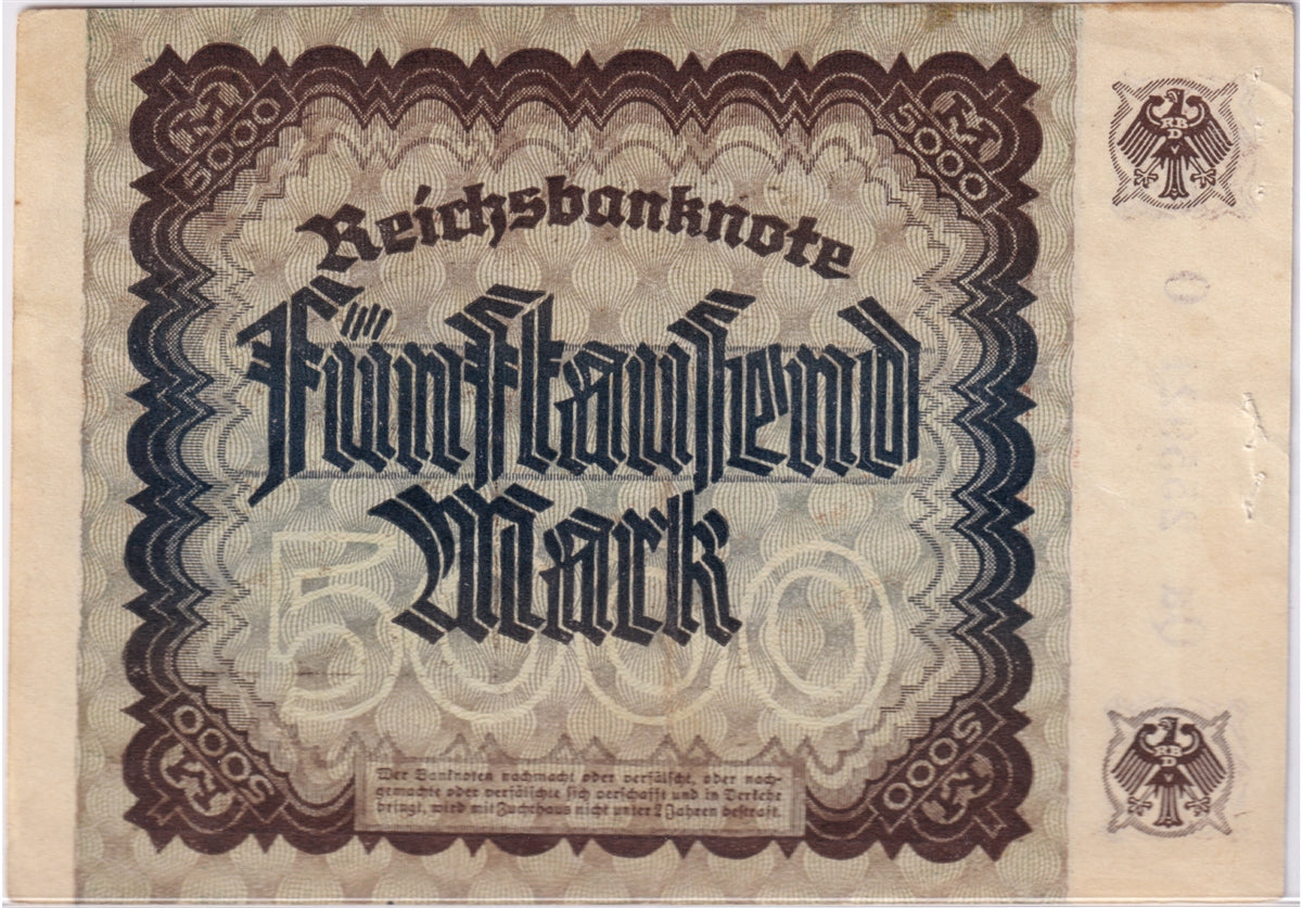 Germany 1922 5,000 Mark Note, Pick #81a, EF-AU (holes)