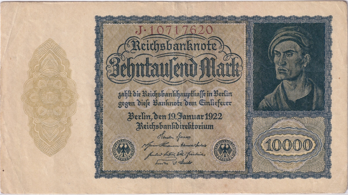Germany 1922 10,000 Mark Note, Pick #72, EF