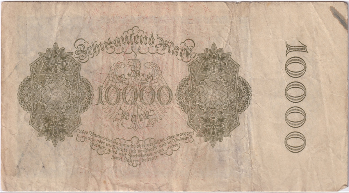 Germany 1922 10,000 Mark Note, Pick #72, VF (stain)