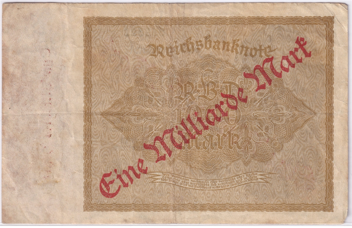 Germany 1922 1 Billion Mark Note, Pick #113a, VF (damaged)
