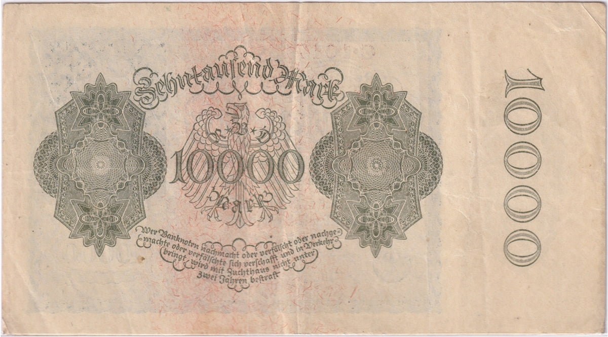 Germany 1922 10,000 Mark Note, Pick #72, VF-EF (holes)