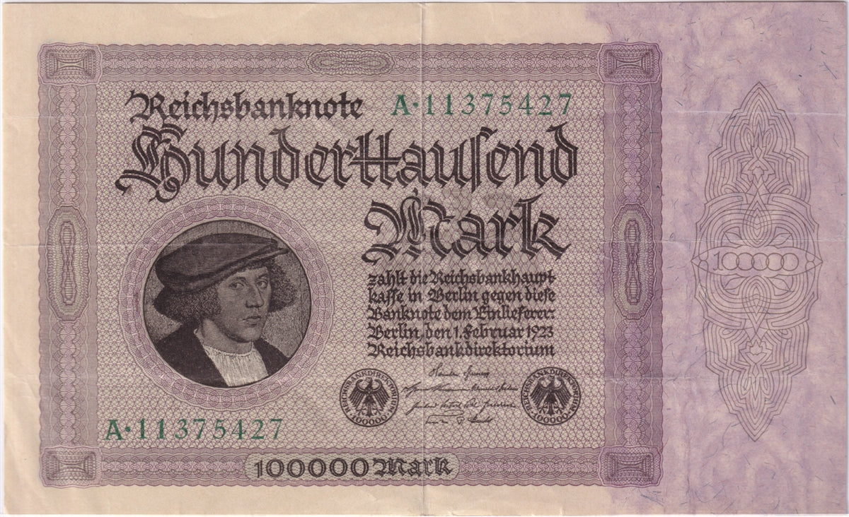 Germany 1923 100,000 Mark Note, Pick #83a, VF-EF (impaired)