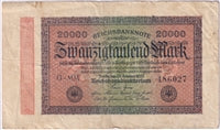 Germany 1923 20,000 Mark Note, Pick #85a F