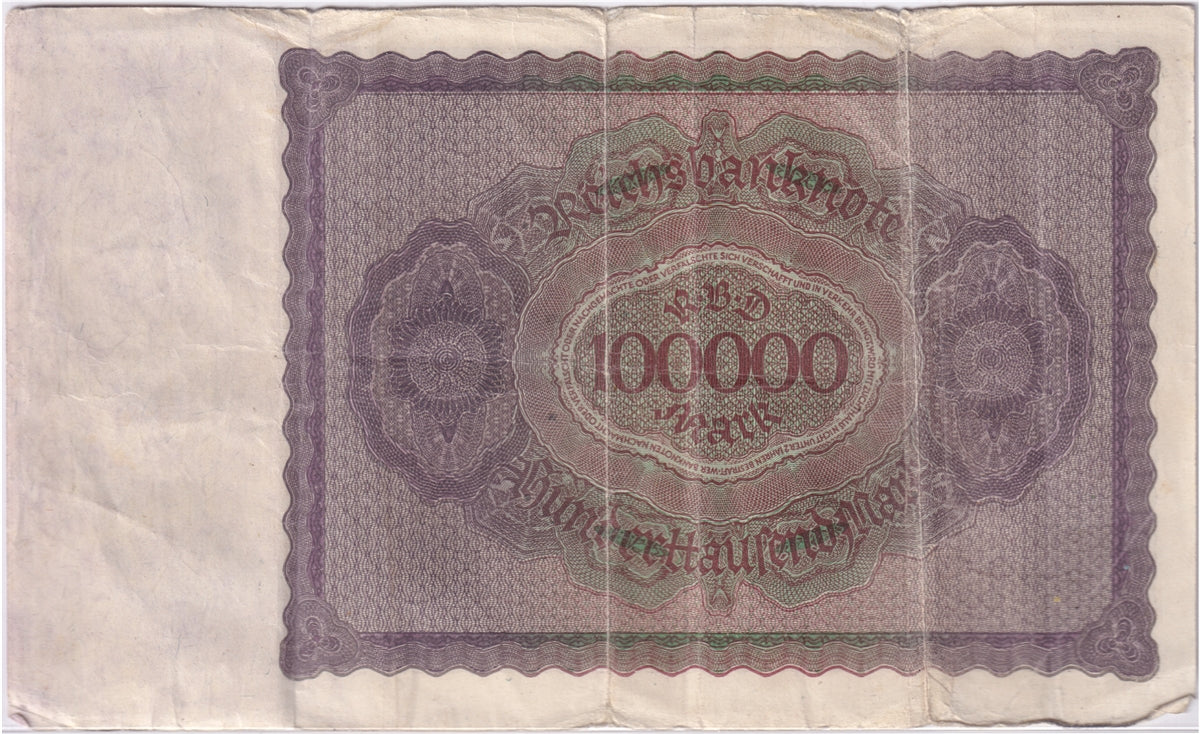 Germany 1923 100,000 Mark Note, Pick #83a, F-VF (tears)